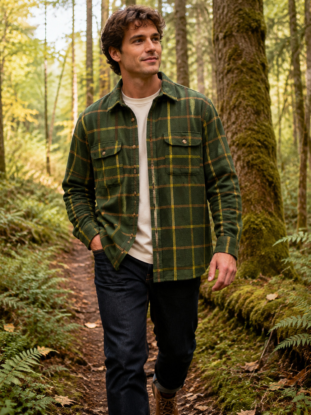 Men’s Small Green Plaid Flannel Shacket 100% Cotton Button Front Overshirt